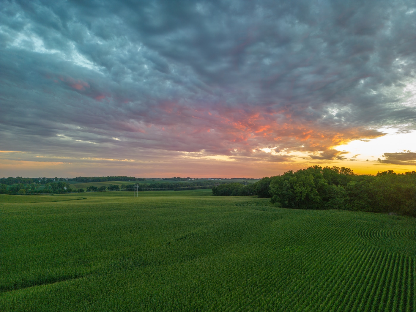 Aerial view of Indiana crop ground at sunset